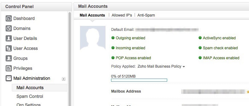 Zoho Control Panel Mail Accounts