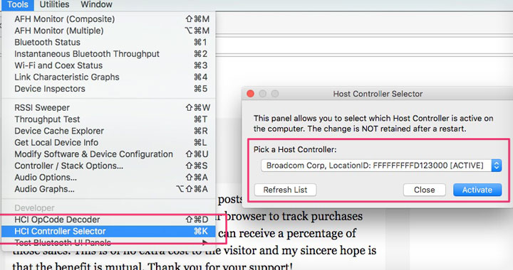 Bluetooth Explorer Host Controller Selector