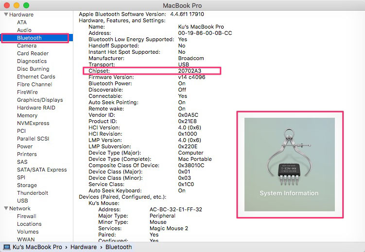 MacOS System Information Bluetooth Chipset 20702A3