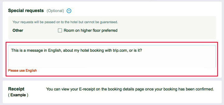 Trip.com Special Requests Warning