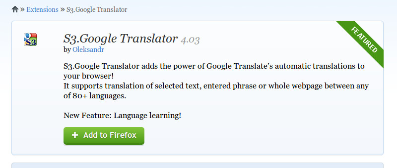 S3 Google Translator Mozilla Firefox add ons